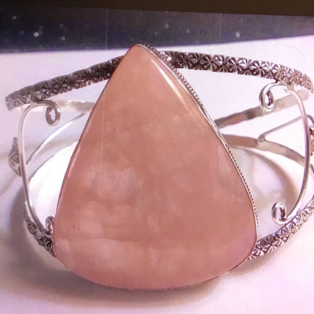Rose Quartz Stamped 925 Sterling Silver Cuff Bracelet
